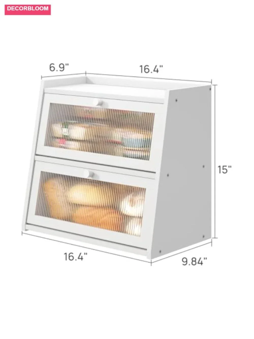 White Bread Box with Cutting Board, Bamboo & Acrylic Door, Large Kitchen